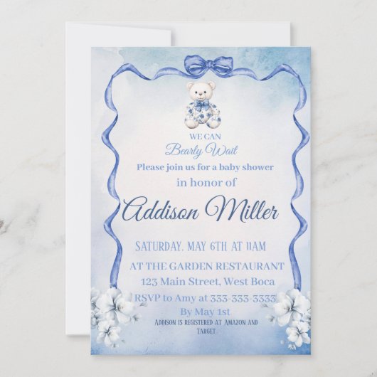 Blue&White Elegante Blume, wir können frühzeitig w Einladung (Vorderseite)