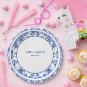 Blue & White Elegante Floral Damask Hochzeitsessen Pappteller (Party)