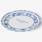 Blue & White Elegante Floral Damask Hochzeitsessen Pappteller (Schrägansicht)