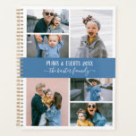 Blue White Family Foto Collage Planer<br><div class="desc">Stilvolle Planer können Sie mit sechs eigenen Fotos in einer minimalistischen Foto-Collage personalisieren. Personalisieren Sie weiter mit Ihrem Namen oder Familiennamen in weißen Kalligraphiebuchstaben. Die Rückseite weist ein Muster aus preppy-blauen und weißen Streifen auf.</div>