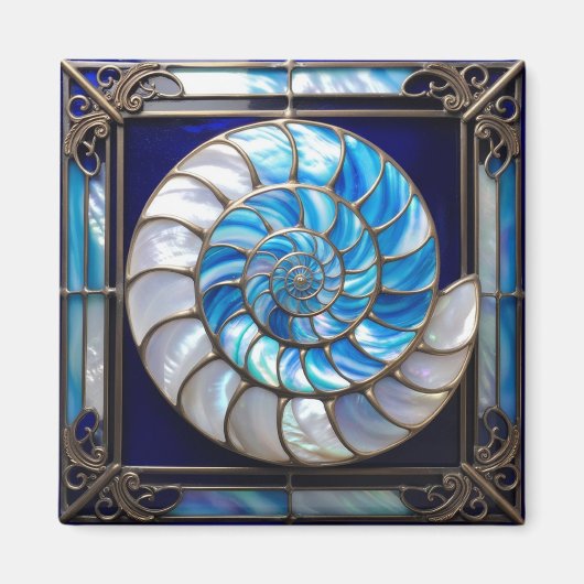 Blue/White Faux Stained-Glass Nautilus Shell 2 Magnet (Vorne)