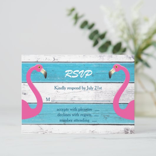 Blue & White Flamingo Wedding RSVP (Stehend Vorderseite)