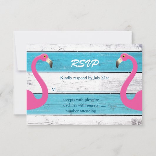 Blue & White Flamingo Wedding RSVP Karte (Vorderseite)