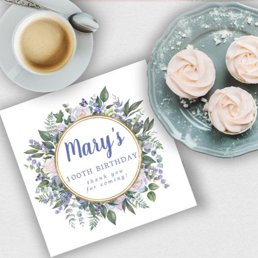 Blue White Floral 100. Geburtstag Vielen Dank Serviette