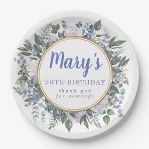 Blue White Floral 50. Geburtstagsparty Pappteller