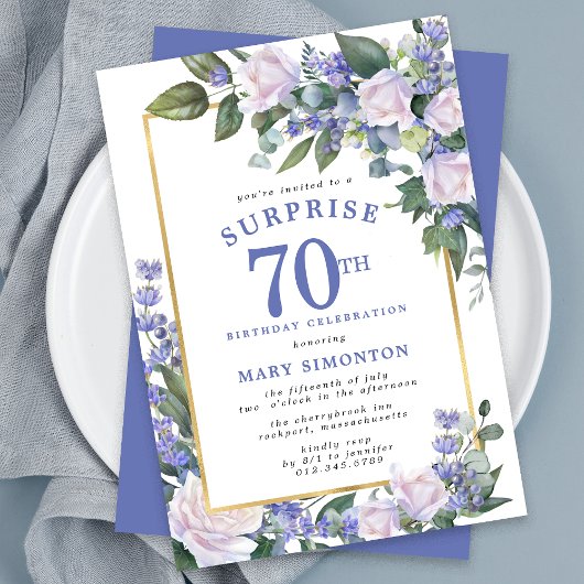 Blue White Floral 70. Geburtstag Überraschung Part Einladung