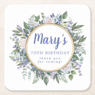 Blue White Floral 70. Geburtstagsparty Rechteckiger Pappuntersetzer
