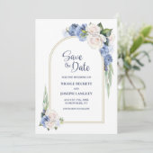 Blue White Floral Arch Hochzeit Sichern Sie das Da Save The Date (Stehend Vorderseite)