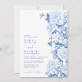 Blue White Floral Birds Chinoiserie Garden Hochzei Einladung (Vorderseite)
