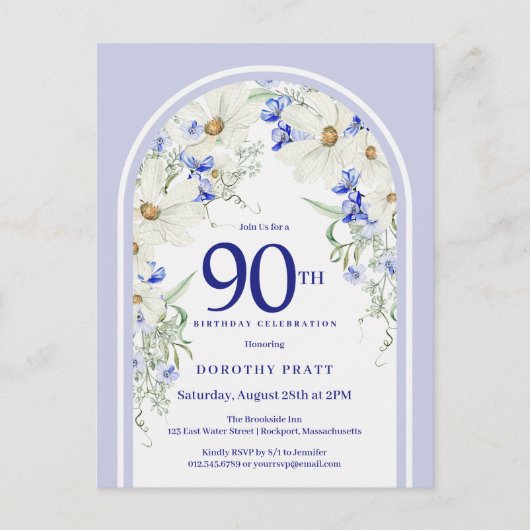 Blue White Floral Boho Arch 90. Geburtstagsparty Postkarte (Vorderseite)