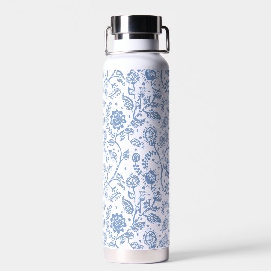 Blue White Floral Boho Botanical Pattern Whimsical Trinkflasche (Rückseite)
