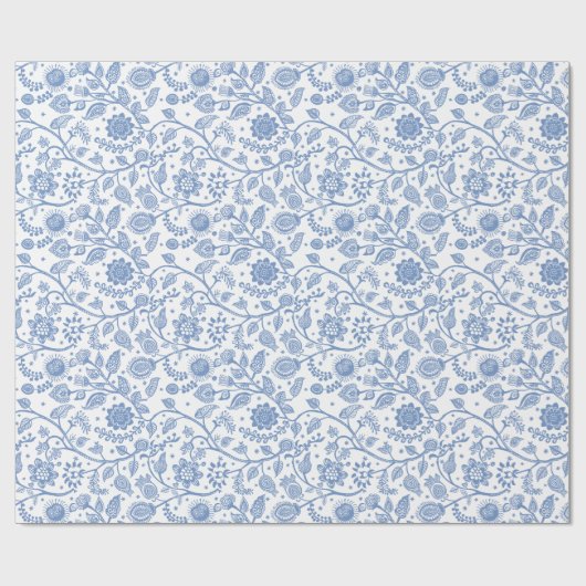 Blue White Floral Botanical Boho Pattern Whimsical Geschenkpapier (Flach)
