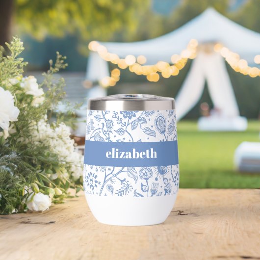 Blue White Floral Botanical Pattern Custom Name (Hochzeit (gedreht))