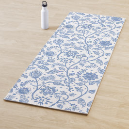 Blue White Floral Botanical Pattern Whimsical Boho Yogamatte