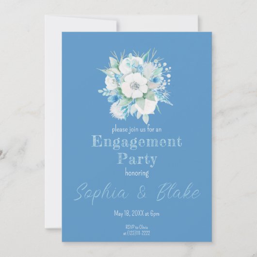 Blue & White Floral Bouquet Blue Engagement Party Einladung (Vorderseite)