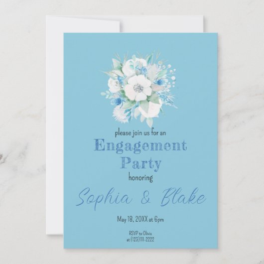 Blue & White Floral Bouquet Blue Engagement Party Einladung (Vorderseite)