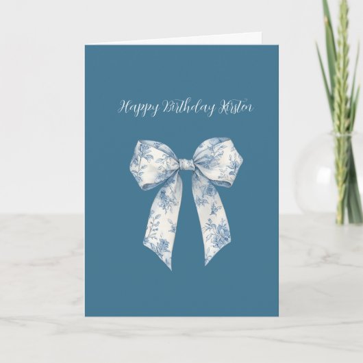 Blue White Floral Bow Birthday Karte (Vorderseite)