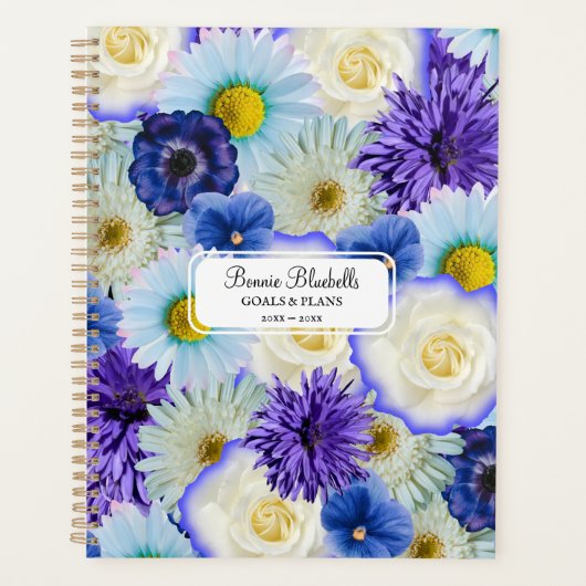 Blue & White Floral Collage Big Bold Personalized Planer (Vorderseite)