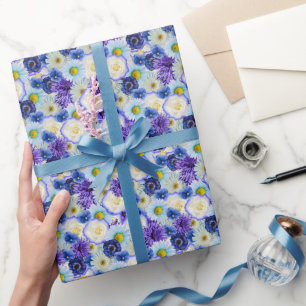 Blue White Floral Collage Brautparty Party Geschenkpapier