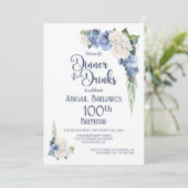 Blue White Floral Dinner und Drinks 100. Geburtsta Einladung (Stehend Vorderseite)