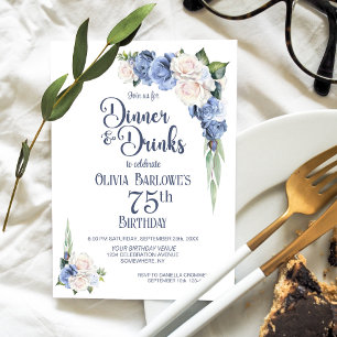 Blue White Floral Dinner und Drinks 75. Geburtstag Einladung