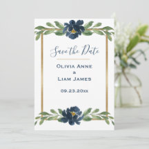Blue & White Floral Elegantes Script Gold Hochzeit