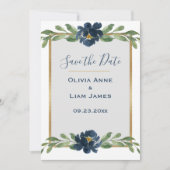 Blue & White Floral Elegantes Script Gold Hochzeit Save The Date (Vorderseite)