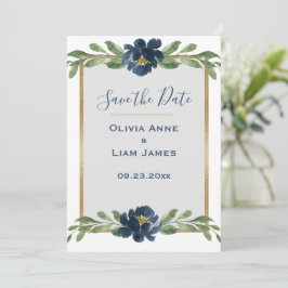 Blue & White Floral Elegantes Script Gold Hochzeit Save The Date