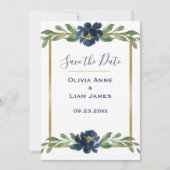 Blue & White Floral Elegantes Script Gold Hochzeit Save The Date (Vorderseite)