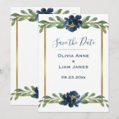 Blue & White Floral Elegantes Script Gold Hochzeit Save The Date (Vorne/Hinten)