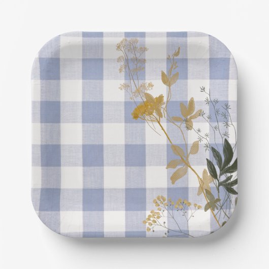 Blue White Floral Gingham Kariert Country Bauernho Pappteller (Vorderseite)