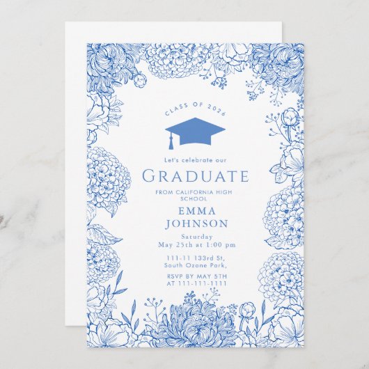 Blue White Floral Graduation Party Einladung (Vorne/Hinten)