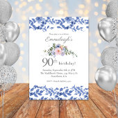 Blue White Floral Happy Birthday Einladung