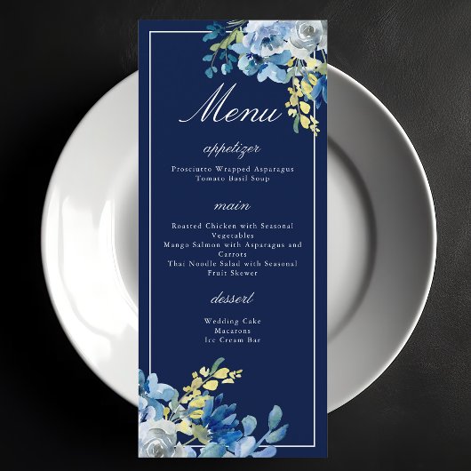 Blue White Floral Hochzeitsmenü Menükarte