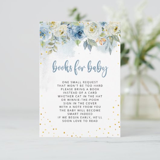 Blue White Floral mit Gold Glitter Books für Baby Einladung (Stehend Vorderseite)