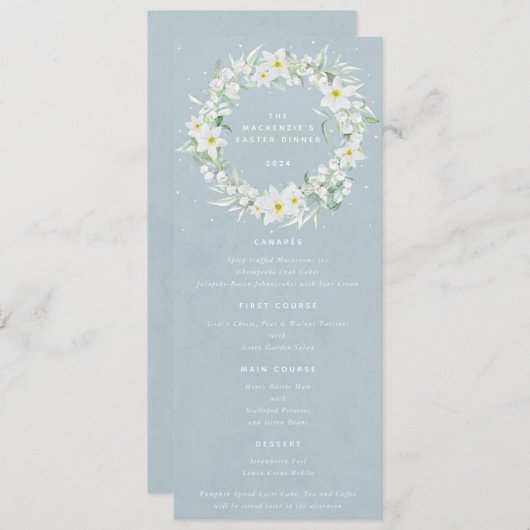 Blue White Floral Oaster Kranz Flat 4 Course Menükarte (Vorne/Hinten)