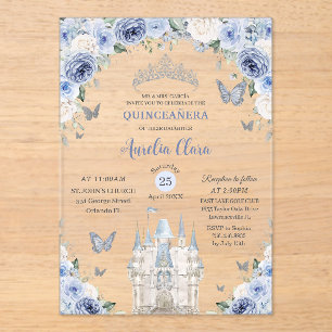 Blue White Floral Princess Castle Quinceañera XV Acryleinladungen