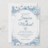 Blue White Floral Seashell Coastal Beach Wedding Einladung (Vorderseite)