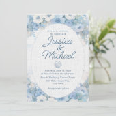 Blue White Floral Seashell Coastal Beach Wedding Einladung (Stehend Vorderseite)