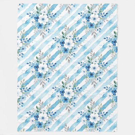 Blue White Floral Stripe Patterned Coastal Fleece (Vorderseite)