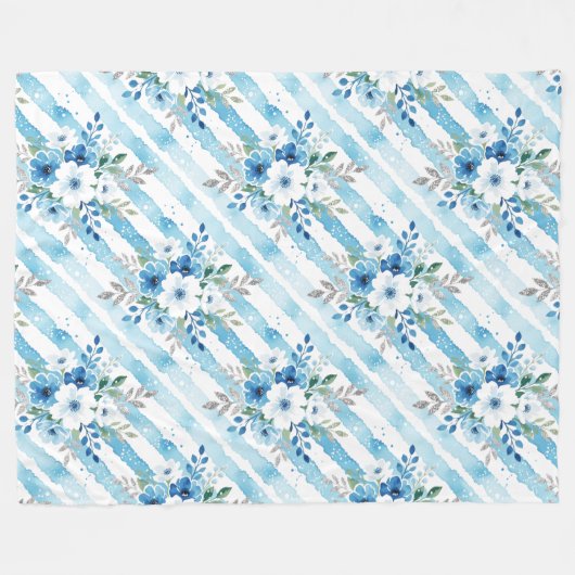 Blue White Floral Stripe Patterned Coastal Fleece (Vorderseite (Horizontal))