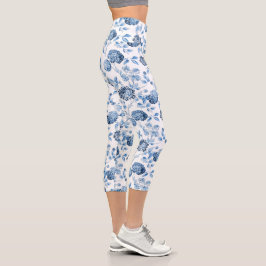 Blue & White Floral Toile Capri Leggings