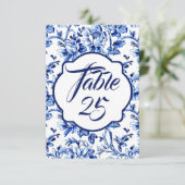 Blue White Floral Toile Hochzeitskarte der Tischnu Einladung (Stehend Vorderseite)