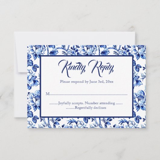Blue & White Floral Toile Wedding RSVP Karte (Vorderseite)