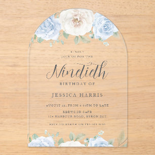 Blue & White Floral Watercolor 90. Geburtstagspart Acryleinladungen