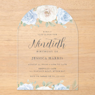 Blue & White Floral Watercolor 90. Geburtstagspart Acryleinladungen