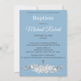 Blue White Floral Watercolor Cross Baptism Einladung