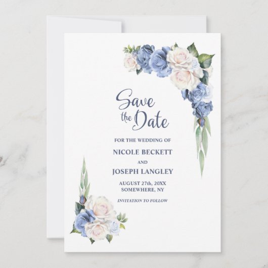 Blue White Floral Wedding Save the Date (Vorderseite)