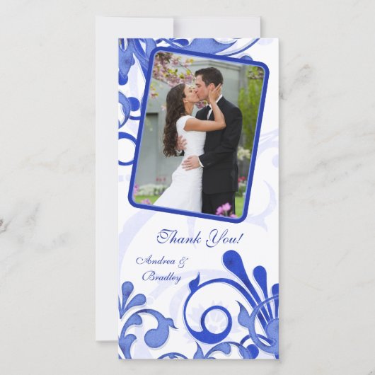 Blue & White Floral Wedding Vielen Dank Foto Card Dankeskarte (Vorderseite)