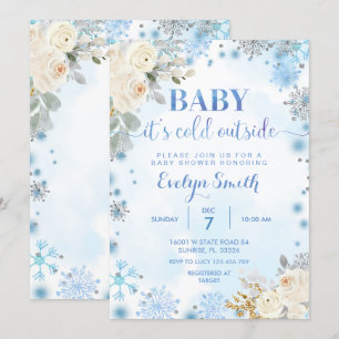 Blue & White Floral Winter Baby Showflake Einladung